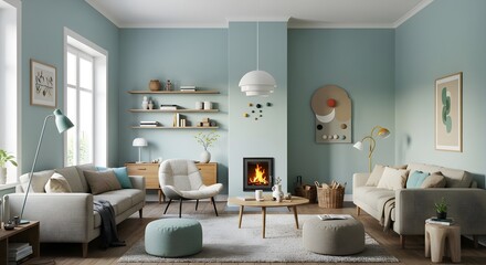 Fototapeta premium Modern Scandinavian living room interior with stylish furniture and cozy decor in a contemporary home