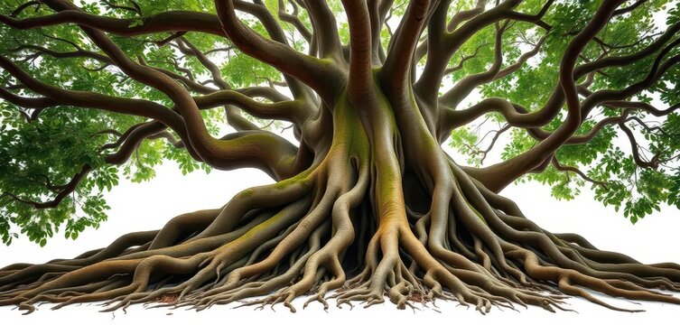 Massive fig tree roots, sprawling across white background, rainforest feel, overhead shot, earth, design