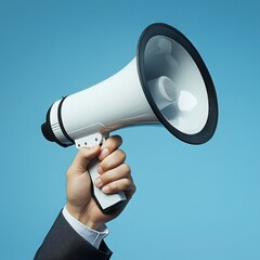 Close-up of a hand holding a white megaphone against a blue background.