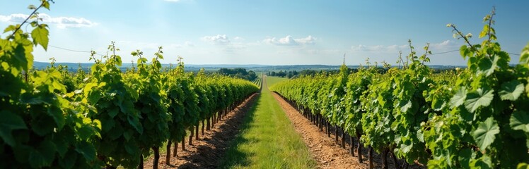 Obraz premium Vineyard rows in Medoc near Bordeaux. Green grape vines, blue sky. Agriculture industry in France, famous wine region. Travel destinations, winemaking, farming. Summer landscape with rural