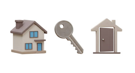 A cartoon house a cartoon key and a cartoon house with a door on a black colored background view