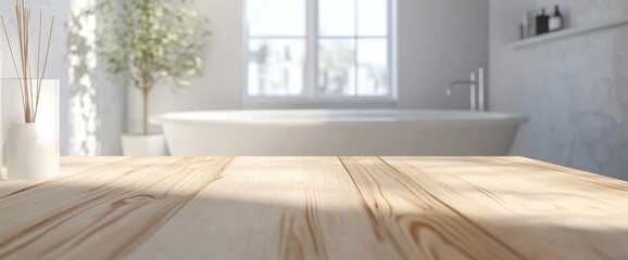 Obraz premium Wooden Table in a Modern Bathroom Setting