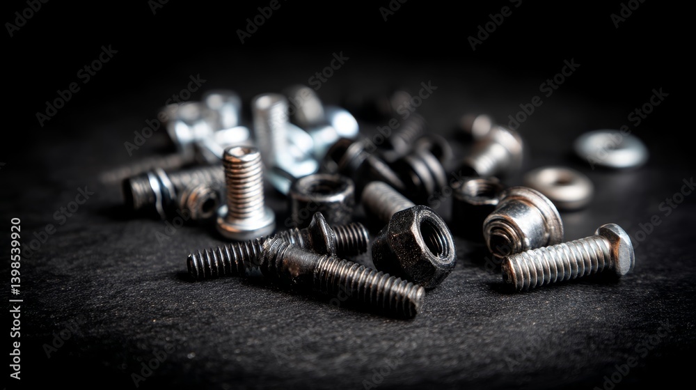 Poster Close-up view of shiny gears and screws on a matte black table, showcasing metallic details and reflecting light, with ample space for additional design elements
