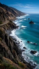 Fototapeta premium Coastal Serenity: A captivating view of the rugged coastline where the sea meets the shore, with gentle waves washing over the rocks.