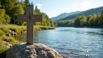 A rustic wooden cross standing on a rock by the edge of a calm river with mountains in the background, symbolizing peace and faith.