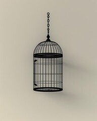 Minimalist composition: single empty birdcage icon hanging, door open, stark black on white, symbolizing lost security.