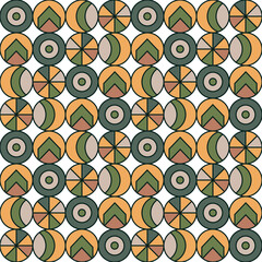 Geometric seamless pattern. Abstract background with green and orange circles. Ornament with colorful geometric shapes. Repeating texture. Vector illustration. Design for paper, wallpaper, fabric.