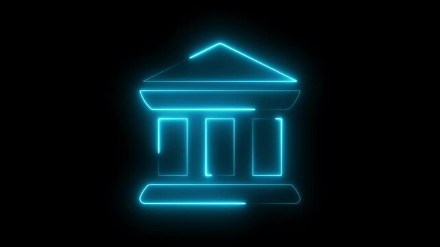 Bank icon animation by blue neon on black background. Neon glowing bank building icon animation on black background Futuristic neon bank building with digital network connections Financial Institution