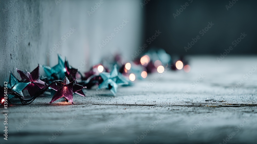 Fototapete a close-up view reveals scattered star-shaped lights in teal and purple hues glowing softly against 