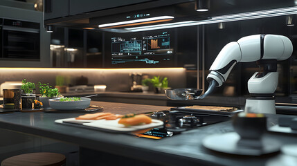 Robotic Kitchen: Futuristic kitchen environment with a robotic arm preparing food, showcasing advanced technology and culinary innovation.