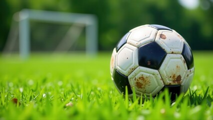 Fototapeta premium A well-worn soccer ball rests on a vibrant green field, a goal net subtly blurred in the background, suggesting a moment of quiet contemplation before or after a spirited game.