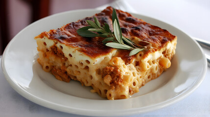Traditional Greek Pastitsio Baked Pasta Dish with Tubular Pasta, Meat Sauce, and Creamy Bechamel Topping