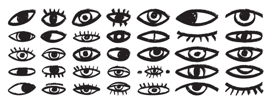 bizarre eyes hand drawn doodle brush set. Textured minimalistic grunge eyes rough collection 