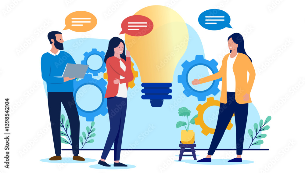 Fototapete Creative business work process - Team or group of people brainstorming and working in front of light bulb and cogwheels discussing innovative solutions together. Flat design vector illustration