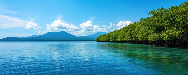World environment day with conservation and action idea. Serene lake with mountains and lush greenery under blue sky.