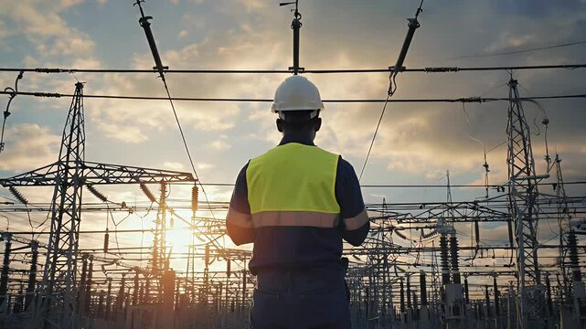 A worker in a safety vest and helmet observes power lines at sunset in an electrical substation.