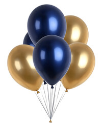 Five Shiny Balloons Bunch, Gold and Navy Blue, Isolated on Transparent Background, 3D Render, Party Decor, balloons, party, celebration