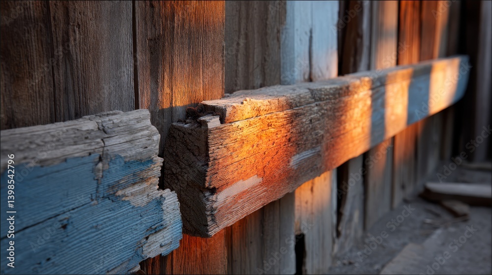 Aufkleber close-up of a weathered wooden fence reveals intricate grain patterns and peeling paint, illuminated