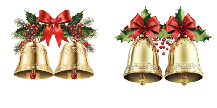 Christmas Bells Double and Single Gold Jingle Bells with Holly and Bows, Isolated on Transparent Background, Christmas Decoration, Holiday Bells, Christmas, Holiday, Bells