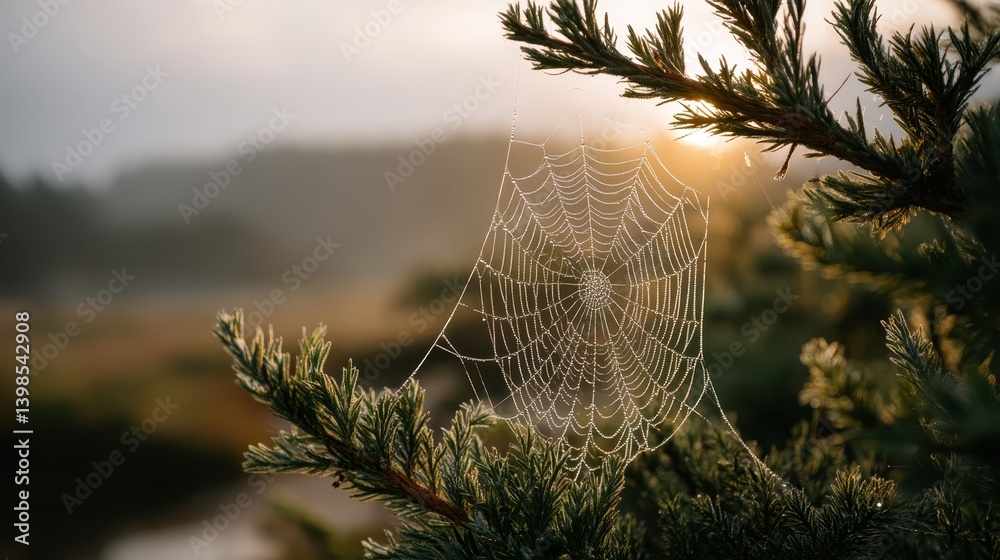 Poster a delicate spider web stretches between branches, covered in shimmering dew drops. morning light enh