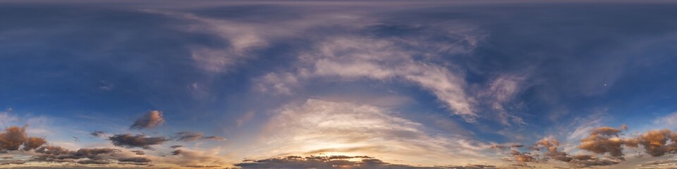 blue sky hdri 360 panorama with clouds before sunset with zenith for use in 3d graphics as sky dome or edit drone shot as sky replacement