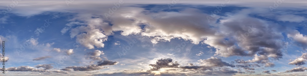 Sticker blue sky hdri 360 panorama with clouds before sunset with zenith for use in 3d graphics as sky dome 