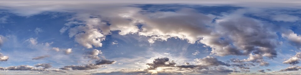 blue sky hdri 360 panorama with clouds before sunset with zenith for use in 3d graphics as sky dome or edit drone shot as sky replacement