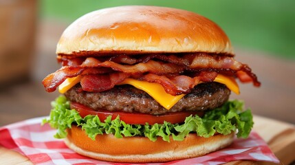 Bacon cheeseburger juicy meat melted cheese fresh ingredients