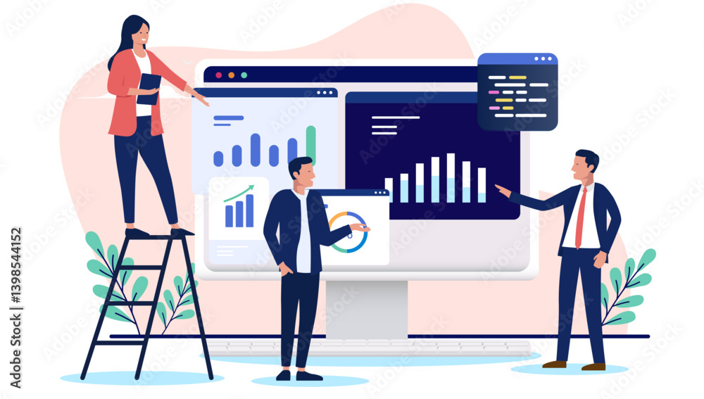 Poster business data processing - group of businesspeople working and analysing and sorting various digital