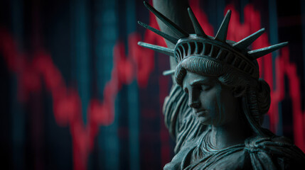 Fototapeta premium The statue of liberty with a red crashed stock market graph in the background