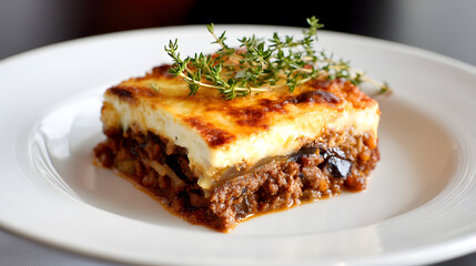 Iconic Greek Casserole Moussaka Served on White Plate with Fresh Thyme Garnish and Rich Layers