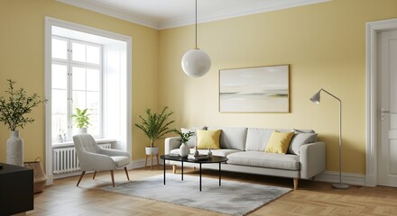 Modern living room with minimalist cozy calm  and stylish furniture in a cozy contemporary home
