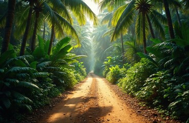 Dirt road through rich tropical jungle. Sunlight filters through palm trees creating dramatic effect. Nature landscape, travel to tropics, paradise adventure. Summer vibes, exotic places.