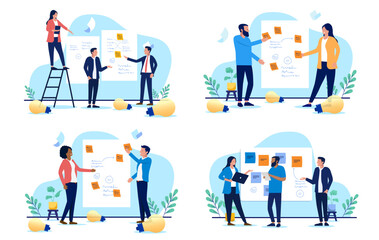 Workshop illustration collection - Set of business vector graphics with people working with sticky notes coming up with solutions on whiteboard with sketches and notes for project work
