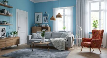 Scandinavian Modern living room with cool tone color and stylish furniture in a cozy interior setting