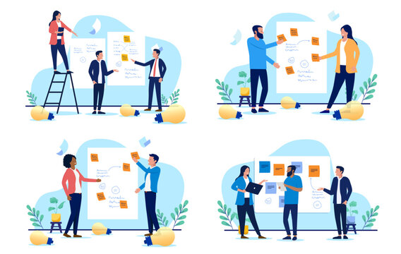 Workshop illustration collection - Set of business vector graphics with people working with sticky notes coming up with solutions on whiteboard with sketches and notes for project work