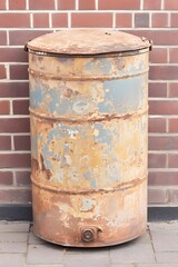 Fototapeta premium Rusty Metal Barrel Against Brick Wall Industrial Vintage Texture