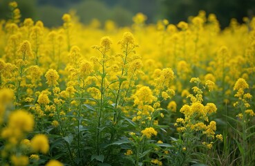 Obraz premium Field of yellow ragweed flowers blossoms under sunlight. Common ragweed plants with yellow flowers, green leaves, stems. Summer meadow background, allergen season, allergy concept. Botany, botany,