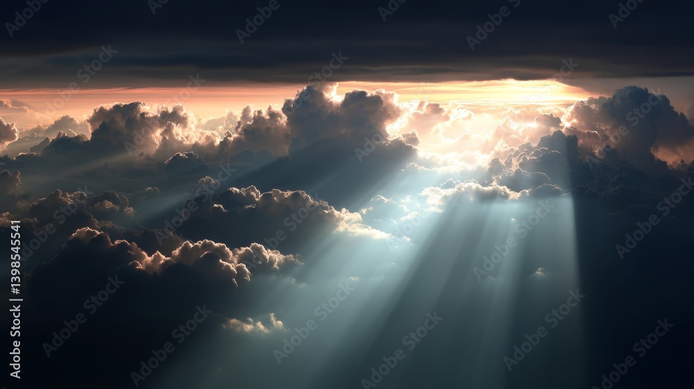 Poster ethereal atmosphere envelops a radiant figure as golden beams of light pierce through parted clouds 