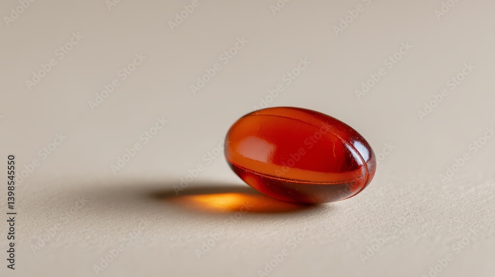 Poster Glossy, translucent orange vitamin capsule rests on a smooth pastel-toned surface, creating an inviting focal point with ample negative space for clear messaging
