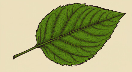 Fototapeta premium A single vibrant green leaf, meticulously detailed with its intricate veins and serrated edges, rests against a soft beige background.