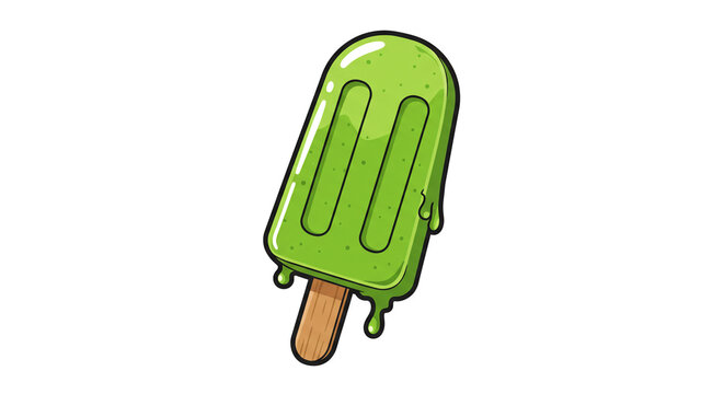 A melting green popsicle on a hot summer day, a vibrant cartoon illustration with bold outlines and a playful style.