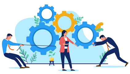 Business teamwork - Team of three businesspeople working together pulling rope, turning cogwheels and keeping the company wheels turning. Flat design vector illustration on white background