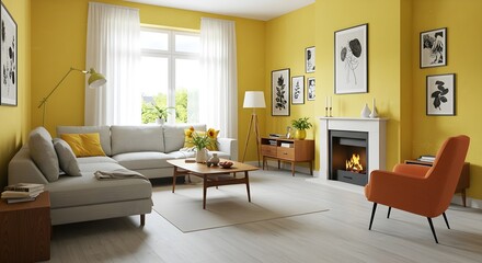 Fototapeta premium Scandinavian Modern living room with fireplace and stylish furniture, warm and calm atmosphere 
