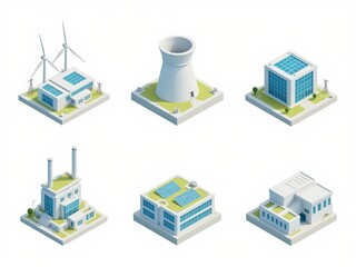 Set of 3D Isometric vector illustration of an industrial energy complex featuring nuclear reactors, hydroelectric dams, and wind turbines on a clean background