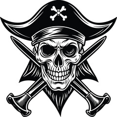 Detailed Black & White Skull and Cross Swords Design on a Clean White Background