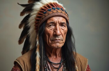Fototapeta premium Portrait of Native American man wearing traditional headdress. Elder indigenous person with long black hair. Native culture, heritage, history, traditions. Face with wrinkles, beaded necklaces.