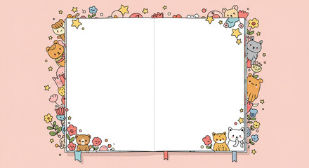 An open notebook brimming with adorable kittens, playful bears, and cheerful flowers, nestled in a soft pink background, ready for your sweetest dreams.