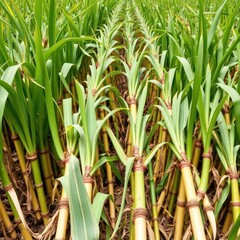 Obraz premium Rows of harvested sugarcane stalks in a field, sugarcane stalks, cane field, countryside
