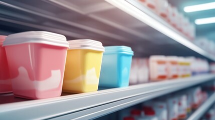 Colorful ice cream containers displayed on refrigerated supermarket shelves in a vibrant, inviting setting